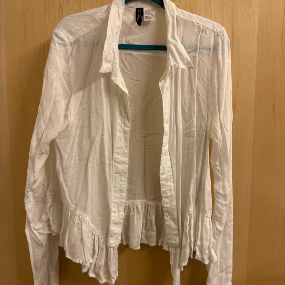H&M White Ruffle Hem Button-Down Shirt